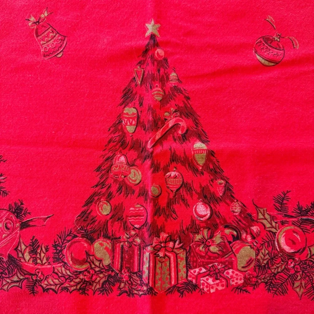 Vintage MCM Christmas Tablecloth Bright Red Santa Christmas Tree Gifts 48x60 GUC